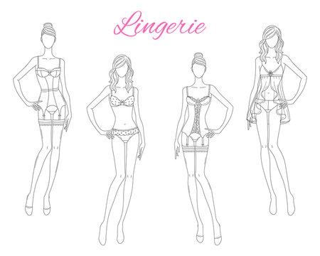 Beautiful fashion models in lace lingerie, vector illustration isolated on white background.