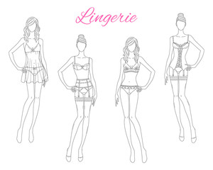 Beautiful fashion models in lace lingerie, vector illustration isolated on white background.