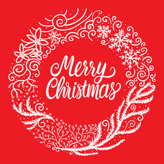 Merry Christmas white hand drawn lettering text inscription. Vector illustration round ornament frame isolated on red background.