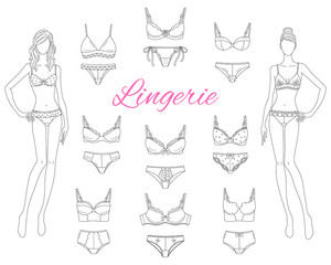 Female lingerie collection with beautiful fashion models, vector sketch illustration.