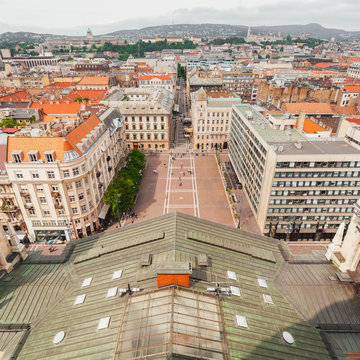 Basilica of Saint Istvan in Budapest, Hungary. Panorama of the city from the dome of the cathedral.
