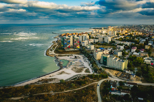 Constanta from above and the beach at the Black Sea
