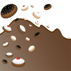 Cute flat cartoon  page template with falling many cinds of doughnuts