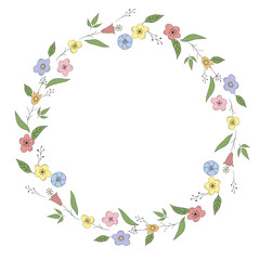 Wreath with abstract flowers doodle. Round floral frame. 