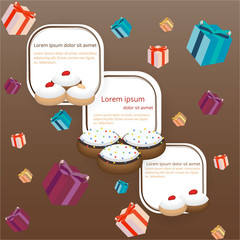 Cute flat cartoon  page template with many cinds of doughnuts