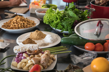 Fresh vegetables and spices to be used in a cooking class for Indonesian cuisine at our villa in Bali, Indonesia