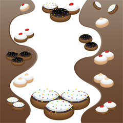 Cute flat cartoon  page template with many cinds of doughnuts