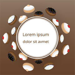 Cute flat cartoon  page template with lable with many cinds of doughnuts