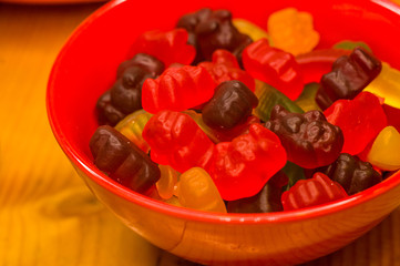 translucent multi-colored jelly sweeties in red bowl