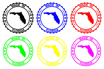 Made in Florida - rubber stamp - vector, Florida (United States of America) map pattern - black, blue, green, yellow, purple and red