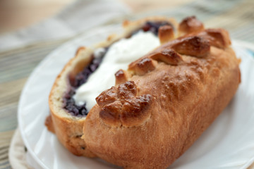 Homemade cake with sour cream close-up.
