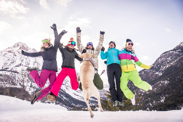Group of snowboarders on winter holiday