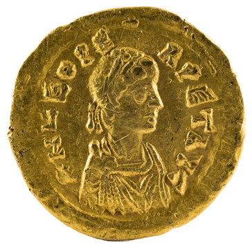 Ancient Roman Gold Tremissis Coin Of Emperor Leo I. Obverse.
