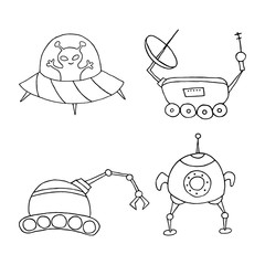 Set of different space objects. Hand drawn sketch.