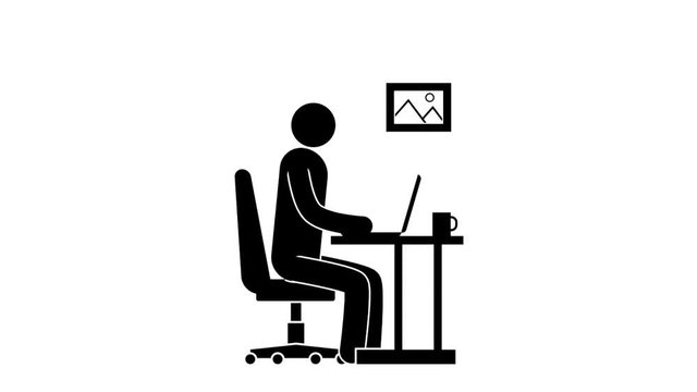 Pictogram man at work with laptop on table during an earthquake. Icons people. Seismic activity. Looped animation with alpha channel.