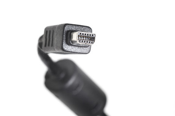 Close-up of a mini USB cable isolated / Detail of the head of a black mini usb cable with ferrite bead