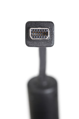 Close-up of a mini USB cable isolated / Detail of the head of a black mini usb cable with ferrite bead