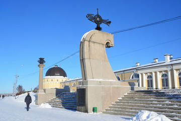 Arkhangelsk, Russia. Cape Pur-Navolok, stele on the embankment of the Northern Dvina