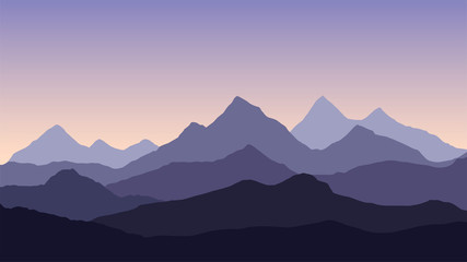 Vector abstract illustration of a multi-layered mountain landscape under a purple morning or evening sky with a rising or setting sun - vector