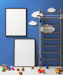 Mock up poster frame in children room interior background, 3D render © artjafara