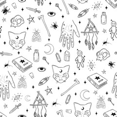 Doodle hand drawn seamless pattern with magic attributes, animals and things for Halloween.