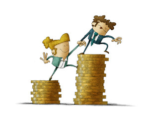Income inequality concept shown with an illustration of a male and female characters and piles of coins. isolated