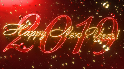 Happy new year 2019 background. Holiday creative composition with bright shining confetti and christmas toys. 3d rendering