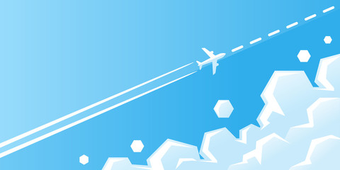 White plane flying with trail in blue sky with clouds vector illustration. Airplane is flying in the sky on the route.