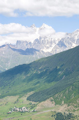 Beautiful view of Svaneti valley of a village Zhabeshi and  peaks Ushba , Svaneti