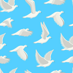 Cartoon White Dove Bird Seamless Pattern Background. Vector