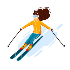 Vector skiers cartoon flat style. Woman in the ski resort. Winter sport activity. Simple characters. Isolated on white background