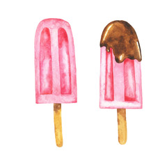 Set of pink fruit popsicles, chocolate glazed isolated on white background. Hand drawn watercolor illustration.