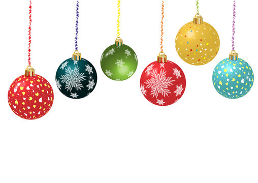 Bright colorful Christmas balls. Merry Christmas background with snow. Vector
