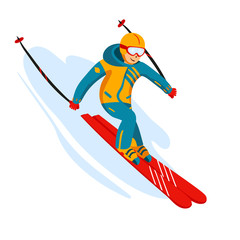 Vector skier cartoon flat style. Man in the ski resort. Winter sport activity. Simple characters. Isolated on white background