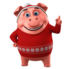 Merry Christmas pig on a white background, showing a finger on a blank space. 3d rendering. Illustration for advertising.