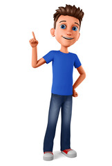 Cheerful guy points his finger to an empty space on a white background. 3d rendering. Illustration for advertising.