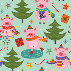 seamless pattern with christmas pig - vector illustration, eps
