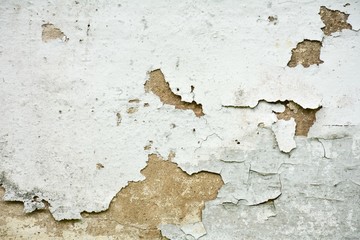 the white old paint texture is chipping and cracked at the wall