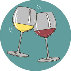 glass of red wine and g;ass of white wine  on blue background