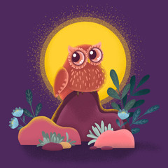 Cute flat illustration with owl on the stone. Night guard. Flat with noises. Children's illustration.