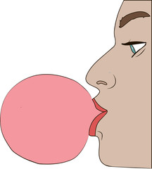 profile of woman with pink gum on white background