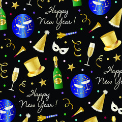 new years eve vector pattern with top hats, champagne masks and confetti