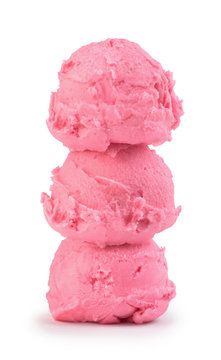 three balls of pink ice cream on a white background
