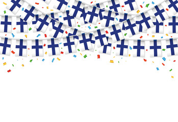 Finland flags garland white background with confetti, Hang bunting for Finland independence Day celebration template banner, Vector illustration