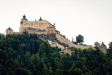 Obraz premium Hohenwerfen castle and fortress above the Salzach valley at Werfen on Austria