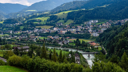 Obraz premium Aerial view of the Werfen village in Austria famous for Hohenwerfen castle and Eisriesenwelt ice cave.