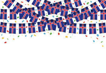 Naklejka premium Iceland flag garland white background with confetti, Hang bunting for independence Day celebration template banner, Vector illustration