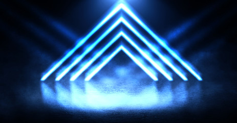 Background of empty street at night, neon light, asphalt, concrete, smoke, smog