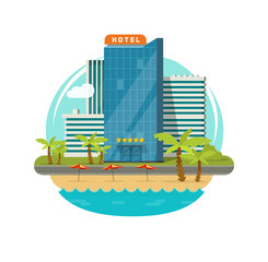 Hotel tower building eco isolated on beach resort sea or seafront palm trees view vector illustration, hostel motel guest house flat cartoon modern hotel on green grass, promenade or street graphic - obrazy, fototapety, plakaty