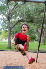 happy boy flying on the swing on the park playground